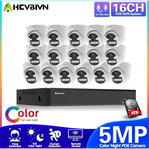 AHCVBIVN 4K POE NVR System 1080P 2MP 5MP Two Way Audio POE Full color night Dome Camera 16CH NVR Kit Video Surveillance Set