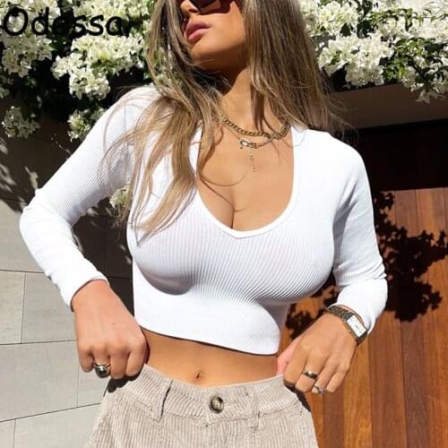 Odessa 2021 Summer Sexy Y2K Ribbed White Basic Crop Top Women Deep V Neck Skinny Autumn Fashion Long Sleeve Tshirt Harajuku Tees