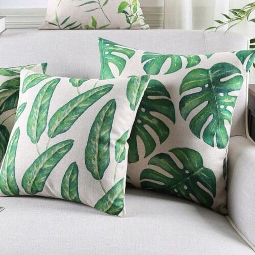 Tropical Rain Forest Plants Leaf Cushion Covers Monstera Green Leaves Printing Linen Cotton Pillow Case