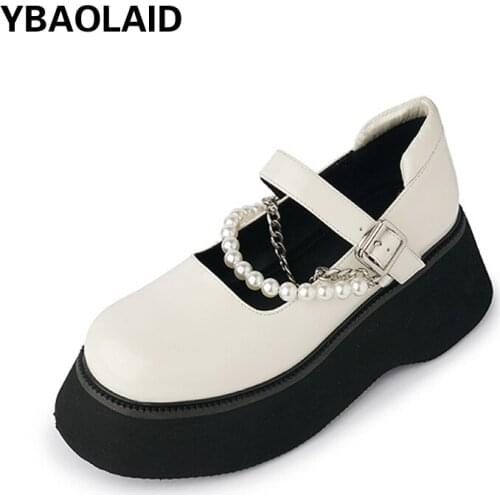 Round Toe Pearl Chain One Word Buckle Single Shoes Retro Small Leather Shoes Solid Color Shallow Mouth Platform Mary Jane Shoes