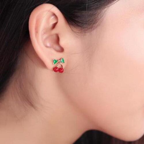 XXZHJ 2018 New Fashion Lovely Red Cherry Earrings Rhinestone Leaf Bead Stud Earrings For Woman Jewelry Gift Wedding Earings