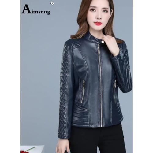 Blue Jacket Plus Size Autumn Winter Women PU Leather Jackets 2020 new Office Ladies Mandarin Collar Outerwear Slim Female Coats
