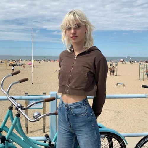 Spring Autumn Cropped Fashion Ladies Short Sweatshirt Casual Long Sleeve Women Streetwear Brown Zipper Pocket Hoodie Pink 2021