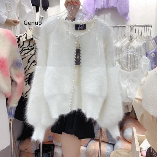Korean Vintage Pearl Imitation Mink Cashmere Sweater Women Solid Fashion Lantern Long Sleeve Knitted Cardigan Coat