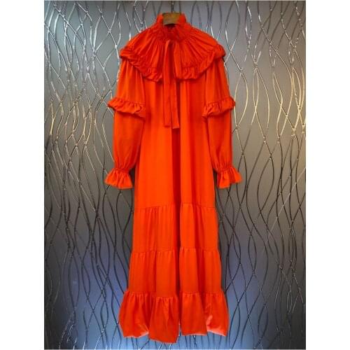 Autumn Long Dress 2021 High Quality Party Women Bow Deco Ruffle Floral Patchwork Long Sleeve Vintage Print Maxi Dress Orange