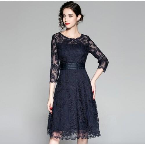 Plus Size Fashion Womens 3/4 Sleeve Spring Summer Vintage Burgundy Navy Blue Flower Embroidery Midi Dress