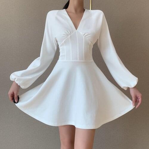 2021 Women Long Sleeve Mini Party Dress Puff Sleeve White Elegant Party Club Sheath Vestidos Sexy V Neck Ladies Casual Dresses