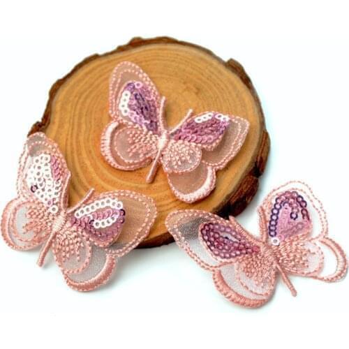 AHYONNIEX 3PCS/LOT Pink Organza Butterfly Sequins patches sew on applique clothes shoes hairpins bags decoration patch DIY