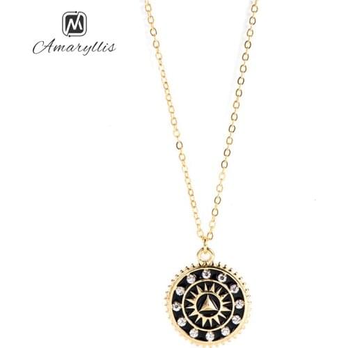 Amaiyllis Vintage Pattern Enamel Round Pendant Choker Necklace For Women Chic Rhinestone Geometric Dangle Choker Clavicle Chain
