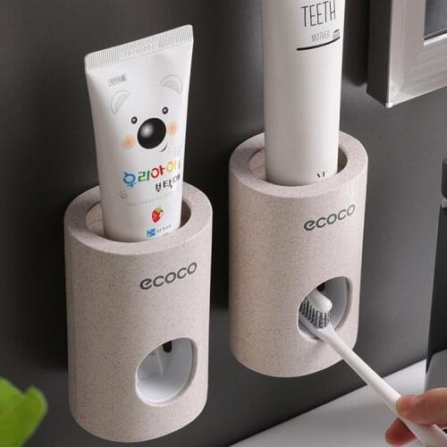 Automatic Toothpaste Dispenser Wall Mount Toothpaste Squeezer Wheat straw Dust-proof Toothbrush Holder Bathroom Accessories
