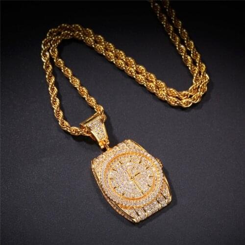 Bling Ice Out Watch Shape Pendants Necklace for Men 2 Colors AAA Zircon Necklace Hip Hop Rapper Jewelry