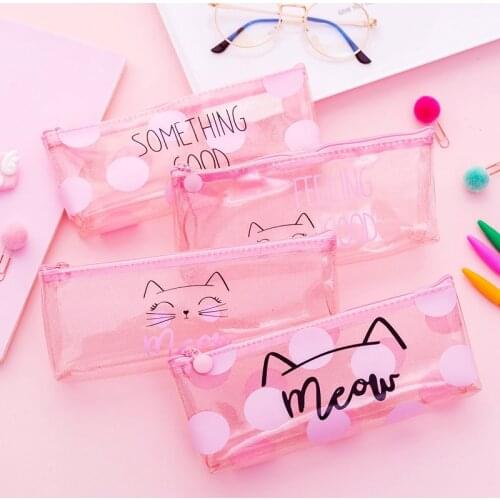Cute Kawaii pink cat Pencil Case School Supplies for girls Stationery Gift large Pencil bag Transparent pen Bag School Tools