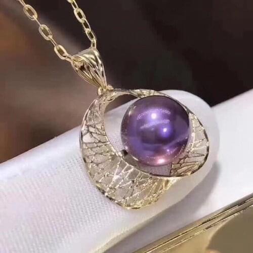 D1106 Pearl Pendant Fine Jewelry Solid 18K Gold Round 9-10mm Fresh Water Purple Pearl Pendants Necklaces for Women Fine Presents