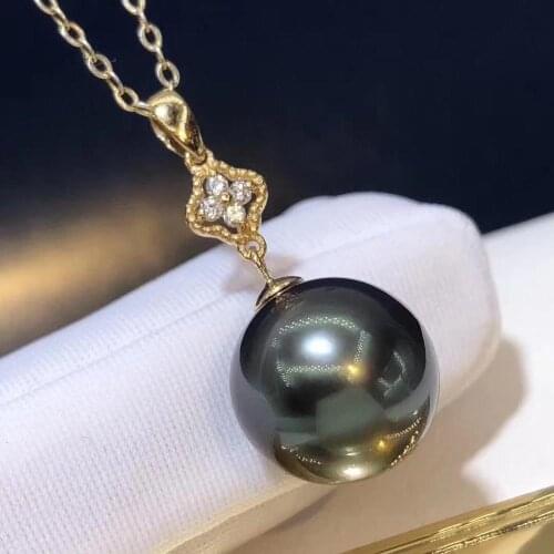 D928 Pearl Pendant Fine Jewelry Solid 18K Gold Round 10-11mm Nature Sea Water Tahiti Black Pearls Pendants Necklaces for Women