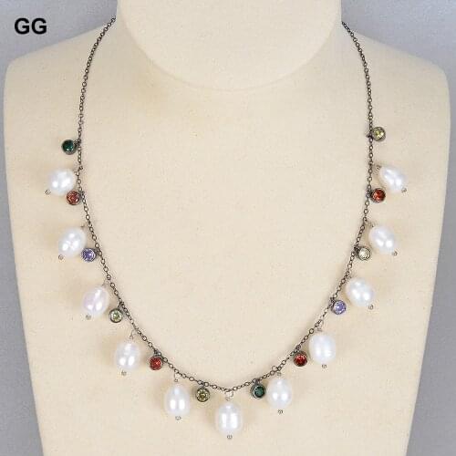 GG Jewelry Freshwater White Rice Pearl Multi Color Cz Pave Gunmetal Color Plated Chain Necklace 17" For Women Charm Jewelry