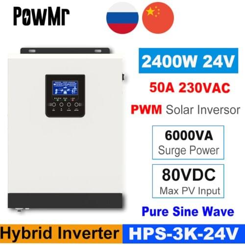 3000VA 2400W Hybrid Solar Inverter 220V 50A PWM 3KVA Pure Sine Wave Inverter 50/60HZ Off Grid 24V Battery Charger Solar Inverter