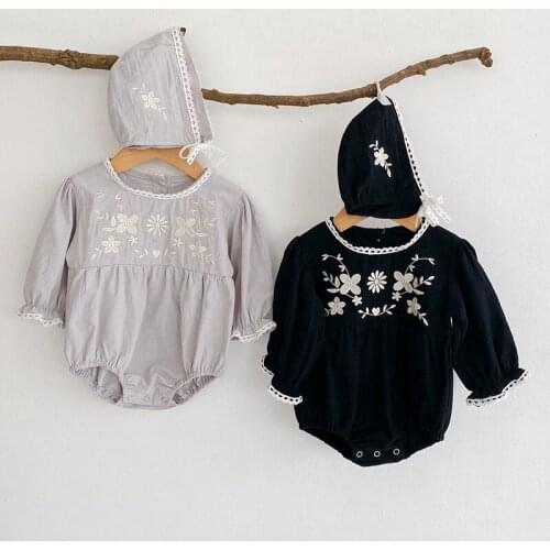 Newborn Baby Girls Floral Embroidery Romper+Hat Spring Autumn Baby Girls Clothes Infant Baby Girls Cotton Long Sleeve Jumpsuit