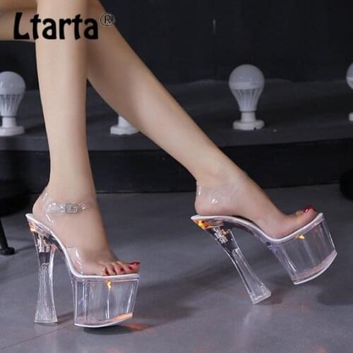LTARTA 34-43 Chunky High Heel Heels Nightclub Shoes Luminous Sandals Shoes Catwalk Pole Dancing Shoes Crystal Bottom LFD
