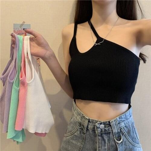 Women Ribbed Knit Tank Top Sexy Irregular Cutout One Shoulder Camisole Spaghetti Strap Solid Color Basic Vest Underwear