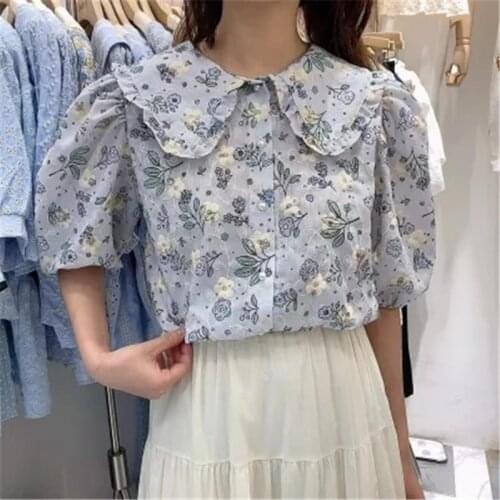 Korean Style Cute Doll Collar Puff Sleeve Floral Blouse Sweet and Age-reducing Short-sleeved Shirt Women