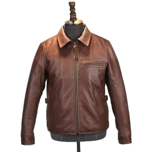 Free shipping.Brand US oil wax cowhide biker coat,mens slim genuine leather Jacket,vintage casual style jacket,classic 1930