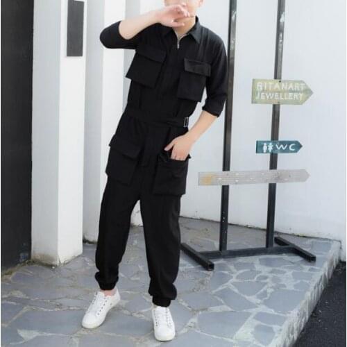 Mens hair stylist Slim overalls jumpsuits harem pants closed mouth nine feet pants jumpsuit overalls hip hop casual pants