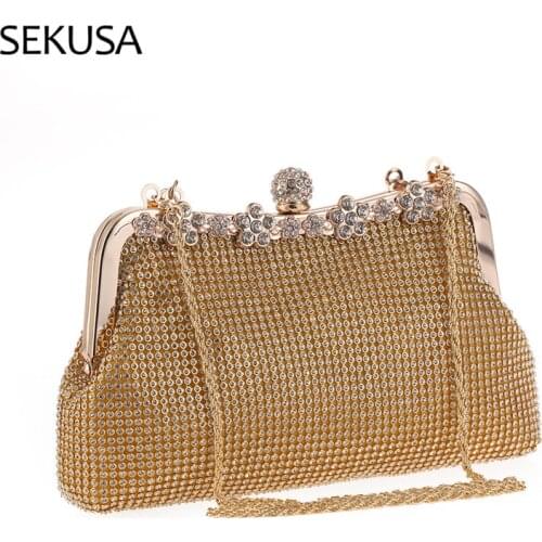 Soft Rhinestones Female New Handbags Flower Metal Chain Shoulder Evening Bags Diamonds Party Bucket Design Purse