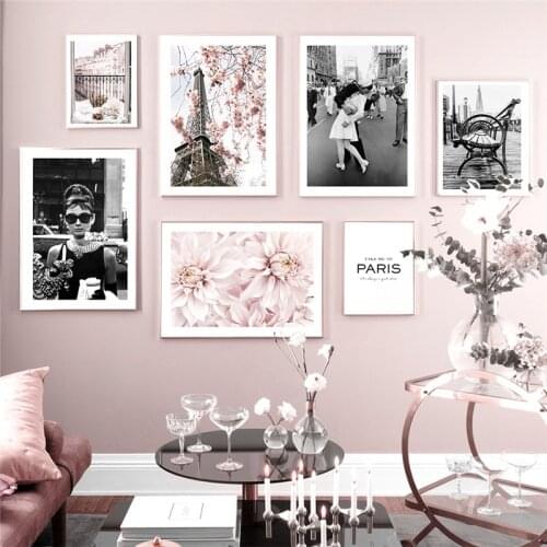 Nordic Europe City Scenery Poster Wall Art Canvas Art Painting Pink Flower Quote Print Home Decor for Living Room Design Picture