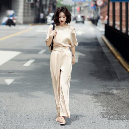 New Casual Loose Large Size Womens Tops + Wide Leg Pants Fashion Two Piece Set Elegant Temperament Womens Summer Suit
