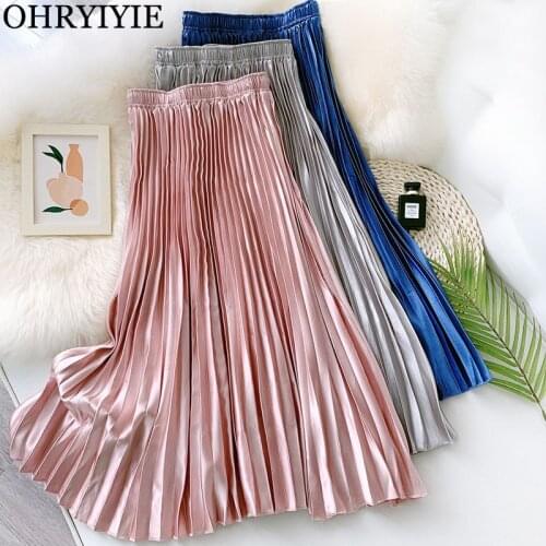 OHRYIYIE Vintage Pink Midi Pleated Skirt Women Fashion Elegant Autumn Winter All-Match High Waist A line Skirt Gray Blue White