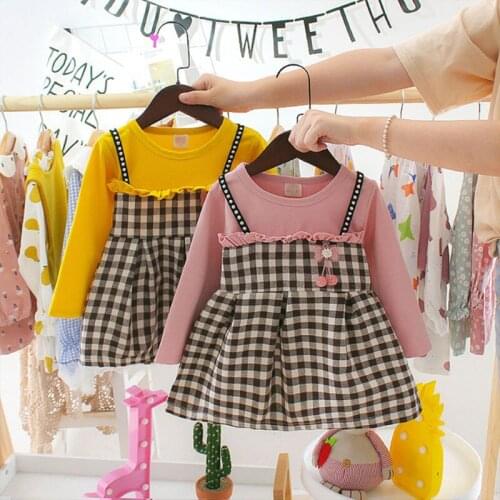 Autumn New Toddler Girls Plaid Fake 2pcs Sets Long-Sleeved Skirt Kids Princess Birthday Party Weeding Casual Wearing