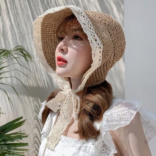 Summer Lace Sun Hats for Wide Brim Straw Beach Side Cap Women Panama Floppy Female Straw Hat Lace Solid Fringe Straw Hat