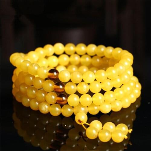 Tibetan 8mm Yellow Beeswax Beads Bracelet or Necklace 4 Circle Wrap f Men Women 108 Strand Mala Meditation Jewelry