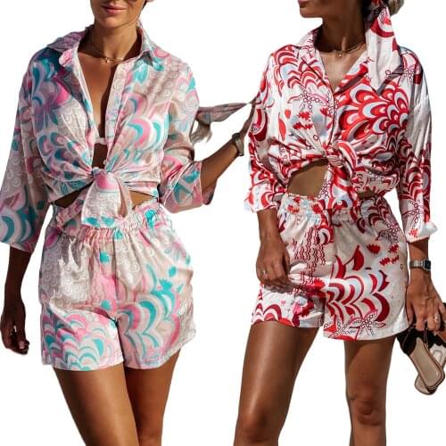 2 Pcs Traf Women Summer Printed Outfits Adults Button Down Long Sleeve Lapel Shirt + Shorts with Pocket