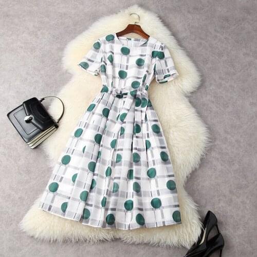 European and American womens wear for summer 2021 Short sleeved polka dot check print lace-up Fashion dress