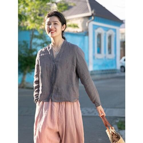 318 blossoms / 2021 summer thin linen V-neck shirt literary short style unique small shirt women