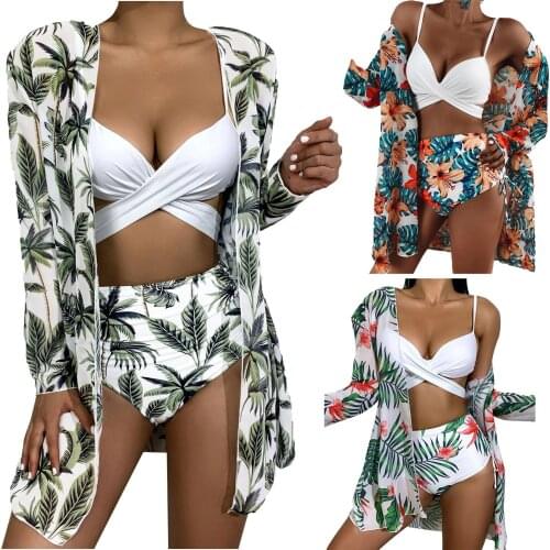 Womens Fashion Printing Sexy Bikini Summer Swimsuit Suit Three Piece Mesh Split Swimsuit Beach Suit for Women
