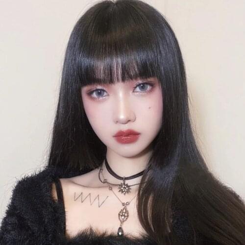 Wig female high temperature resistant chemical fiber synthetic mid-length hair bang cosplay black long straight wig