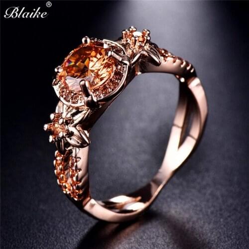 Blaike Champagne Zircon Rose Gold Filled Fashion Flower Jewelry For Women Christmas Gift Engagement Ring Wedding Jewelry
