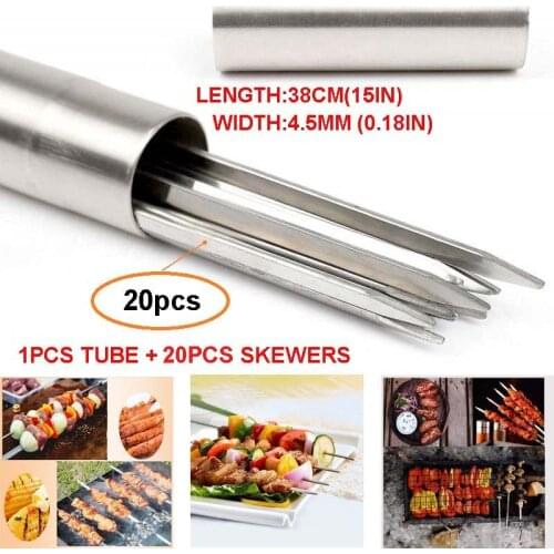 40CM Barbecue Skewers Stainless Steel Flat BBQ Grill Skewer+Storage Tube Reusable Needle Sticks for Shish kabob Grill Skewers