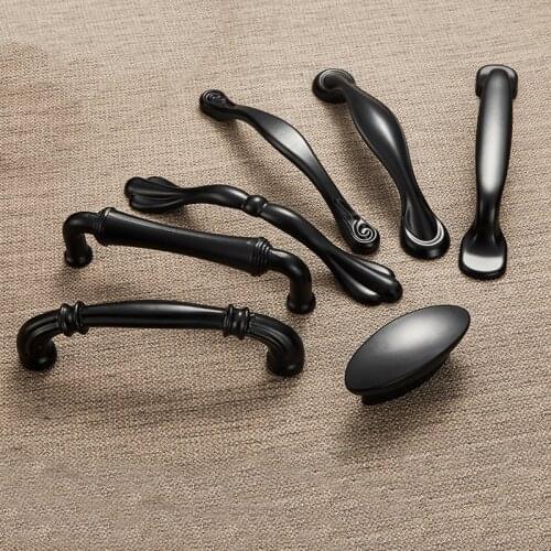 Black Furniture Drawer Cabinet Handle Metal Zinc American Kitchen Cupboard Wardrobe Dresser Closet Door Pull Round Oval Knob