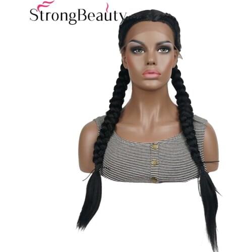 StrongBeauty Two Braid Hairstyles Lace Front Wigs for Women Synthetic Hair Long Black Lace Wig