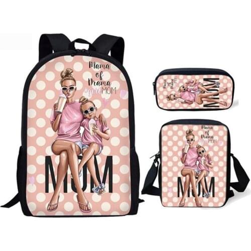 ELVISWORDS Fashion Schoolbag Set Super Mom and Daughter Printing School Bags Backpack For Kids Girls Orthopedic Rucksack Mochila