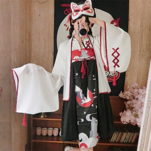 Ancient Oriental Woman Fashion Kimono Summer Crane Printed Outfits Japanese Style Clothing Girls Party Dress Haori Stage Costume