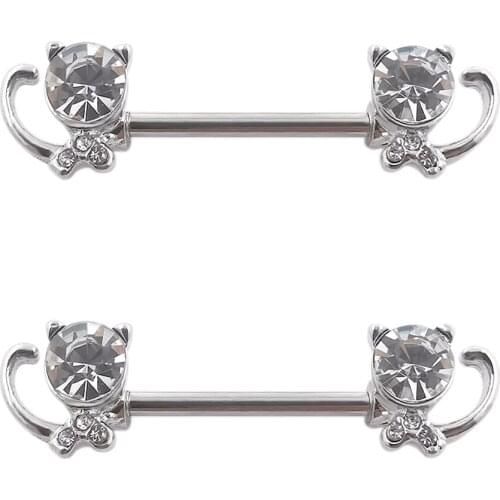 JHJT 14G 2PCS Cute Nipple Rings 316L Surgical Stainless Steel Cat Animal Nipple Barbell Body Piercing Nipple Jewelry