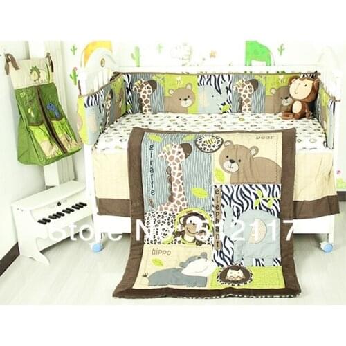 New 7pcs Embroidered 3D Animals Brown Color Boy Baby Cot Crib Bedding Set 4 items includes Comforter Bumper Fitted Sheet Skirt