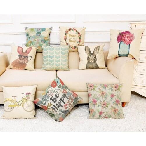 Summer Small Fresh Linen Pillowcase Rabbit Bicycle Flower Pattern Printing Sofa Car Cushion Cover Decorative Accessories 45x45cm