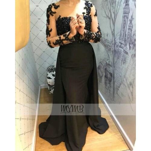 Hot Sale Custom Elegant Muslim Evening Gown Black Long Sleeve Crepe Mother Of The Bride Dresses With Detachable Train Plus Size