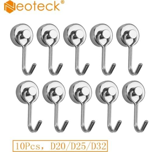 Neoteck 10Pcs Neodymium Magnetic Hook Swivel Swing Powerful Strong Heavy Duty 15/20/30kg For Refrigerator Crochet Mural Silver