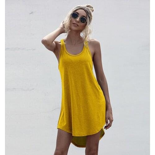Solid Casual O-neck Sleeveless Tank Dress Women Loose Off Shoulder Asymmetrical Cotton Mini Dress Summer StreetwearPlus Size2021